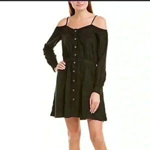 The kooples off the shoulder black denim looking button front midi dress